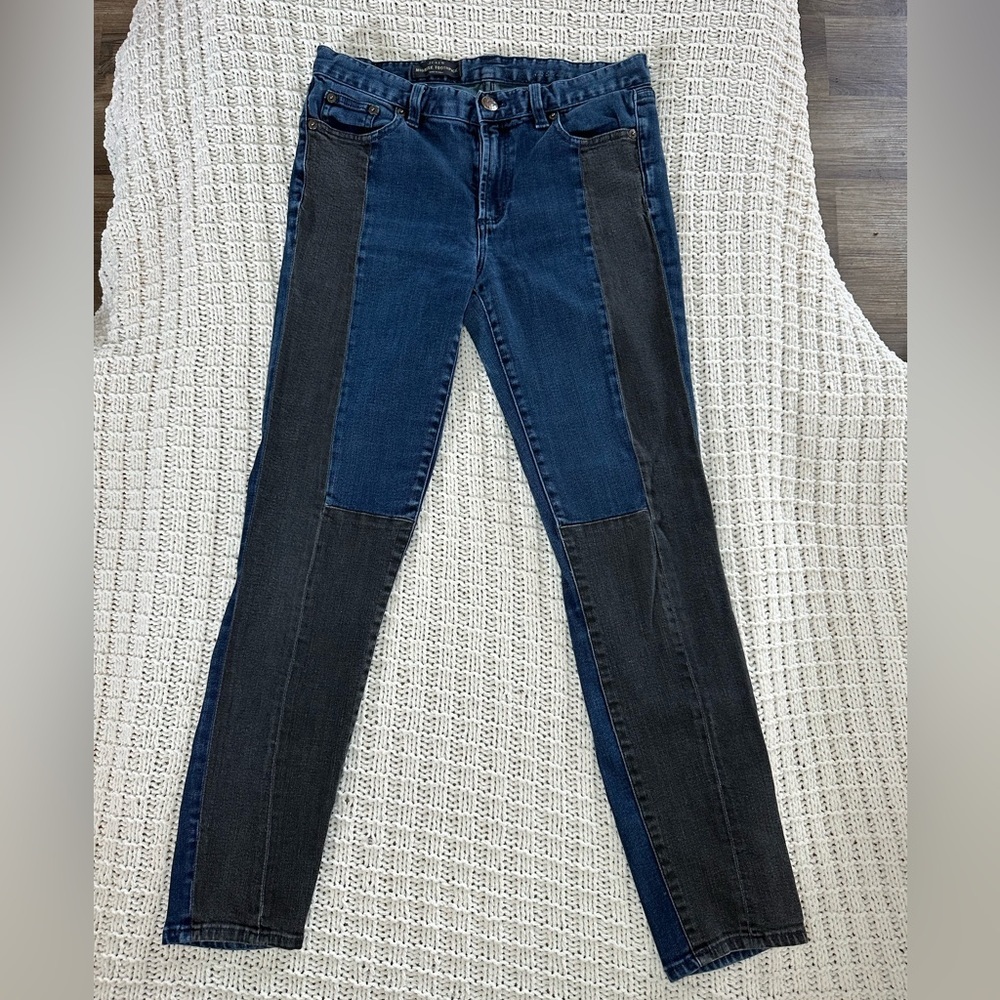 J Crew Mid Rise Toothpick Blocked Colorblock Indigo Skinny Jeans Womens (D245)